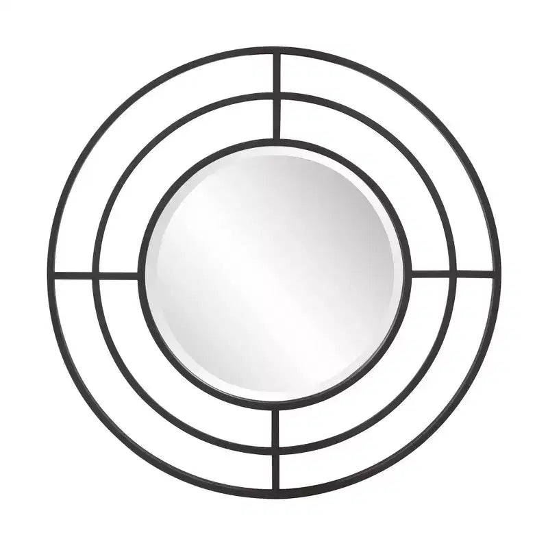 Howard Elliott 23" Round Wall Mirror with Geometric Iron Frame Matte Black: Modern Decor No Assembly Wall Mount