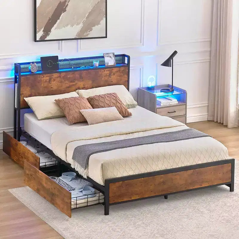 Full Queen Bed Frame with Storage Drawers and Charging Station LED Light Bed with Storage Headboard Platform Bed with Strong Wood Slats Support