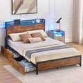 Full Queen Bed Frame with Storage Drawers and Charging Station LED Light Bed with Storage Headboard Platform Bed with Strong Wood Slats Support