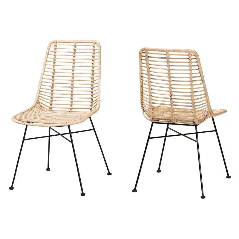 Chaises de salle à manger en rotin brun naturel et métal noir