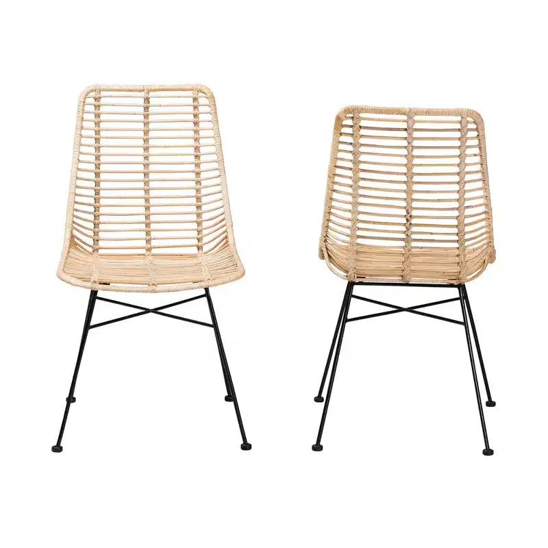 Chaises de salle à manger en rotin brun naturel et métal noir