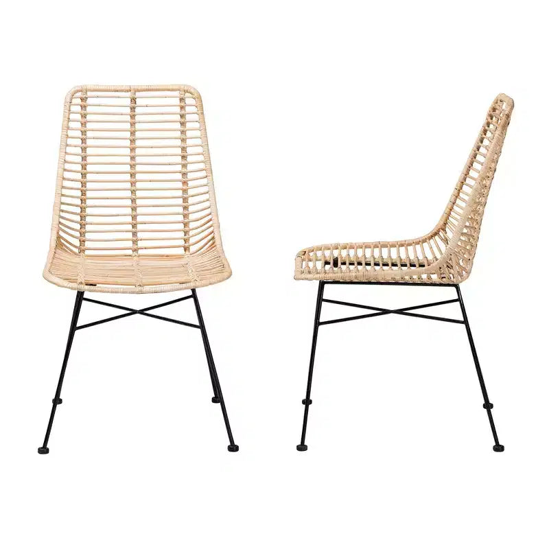 Chaises de salle à manger en rotin brun naturel et métal noir