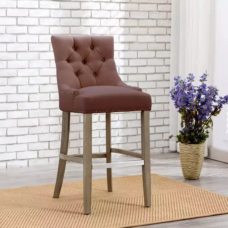Tabouret de bar à dossier boutonné, rembourré en lin