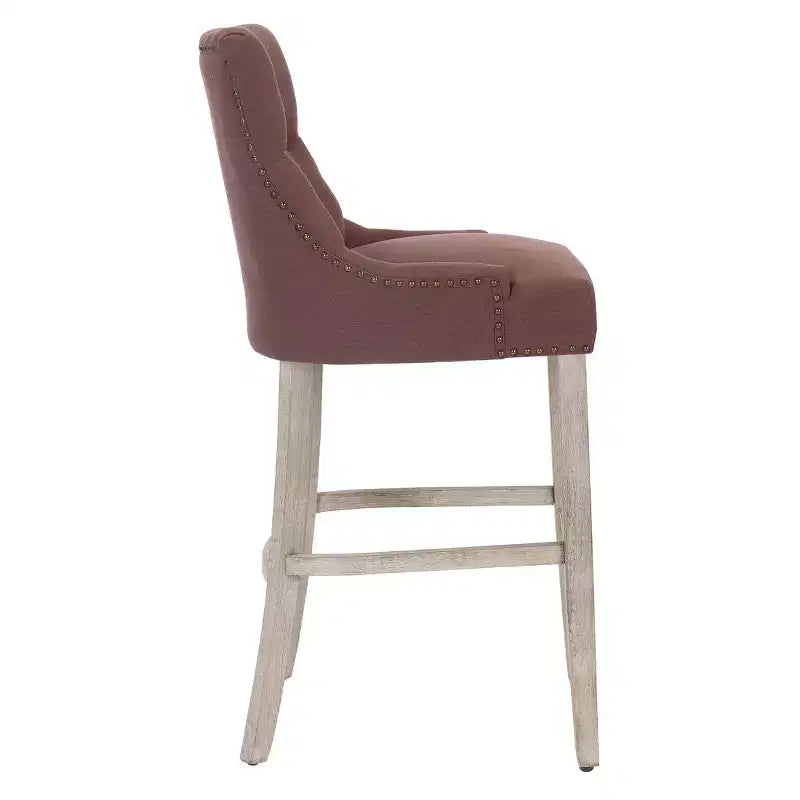 Tabouret de bar à dossier boutonné, rembourré en lin
