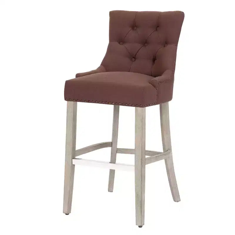 Tabouret de bar à dossier boutonné, rembourré en lin