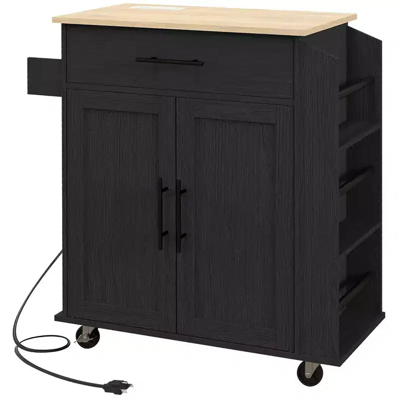 HOMCOM Kitchen Island with Power Outlet Rolling Kitchen Cart with Storage Drawer Portable Microwave Stand with Doors Towel Rack Spice Rack