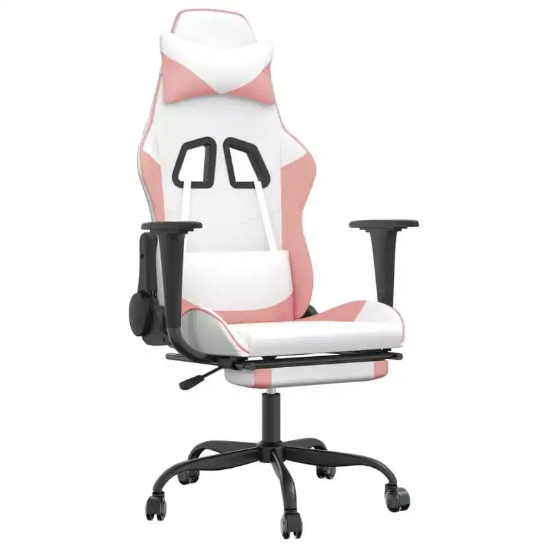 vidaXL Massage Gaming Chair with Adjustable Seat and Backrest Features Built-in Massage Function - Filled with Foam Covered in White & Pink