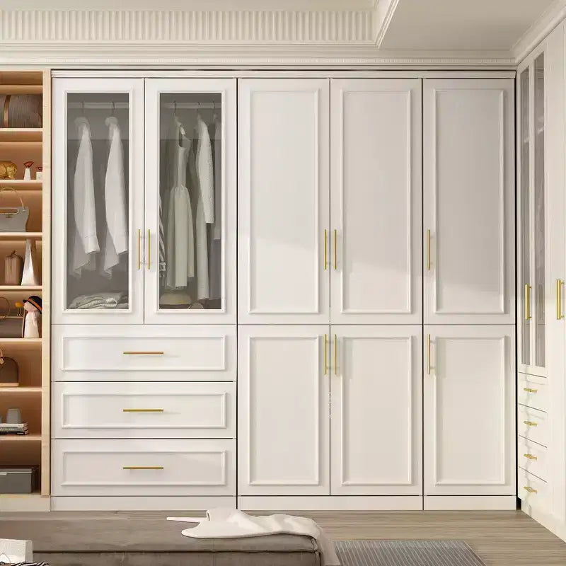 Famapy Luxe White Modular Wardrobe Armoire with Gold Hardware: Panelled Doors + Mixed-Door Design Elegant Custom Closet for Bedrooms