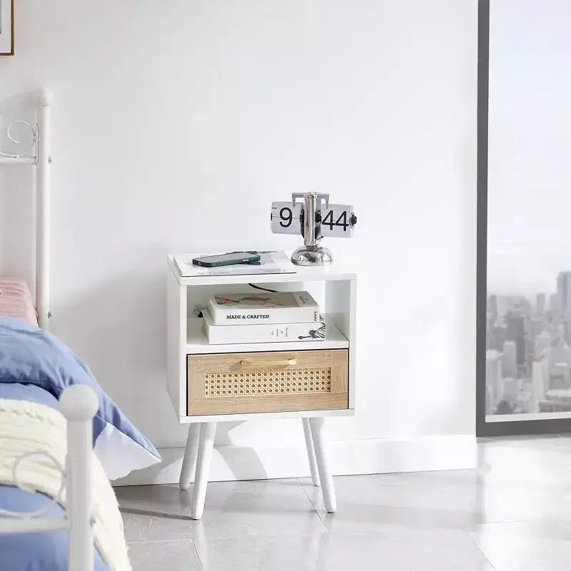 Mid-Century Modern Nightstand 15.75 Rattan Night Stands with Power Outlet & USB Ports Drawer Solid Wood Legs Bedroom Night Stand