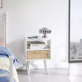 Mid-Century Modern Nightstand 15.75 Rattan Night Stands with Power Outlet & USB Ports Drawer Solid Wood Legs Bedroom Night Stand