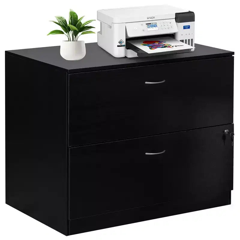Basicwise 30 Wooden Lateral File Cabinet with Two Spacious Drawers One Lockable - Suitable for Home Office Offering Ample Space